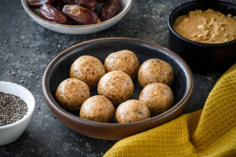 energy balls with peanut butter, dates, and chia seeds